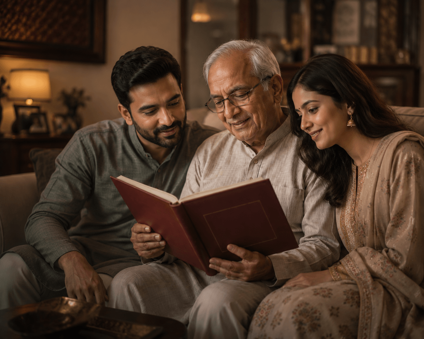 An older storyteller reading his Qissa book with two younger family members