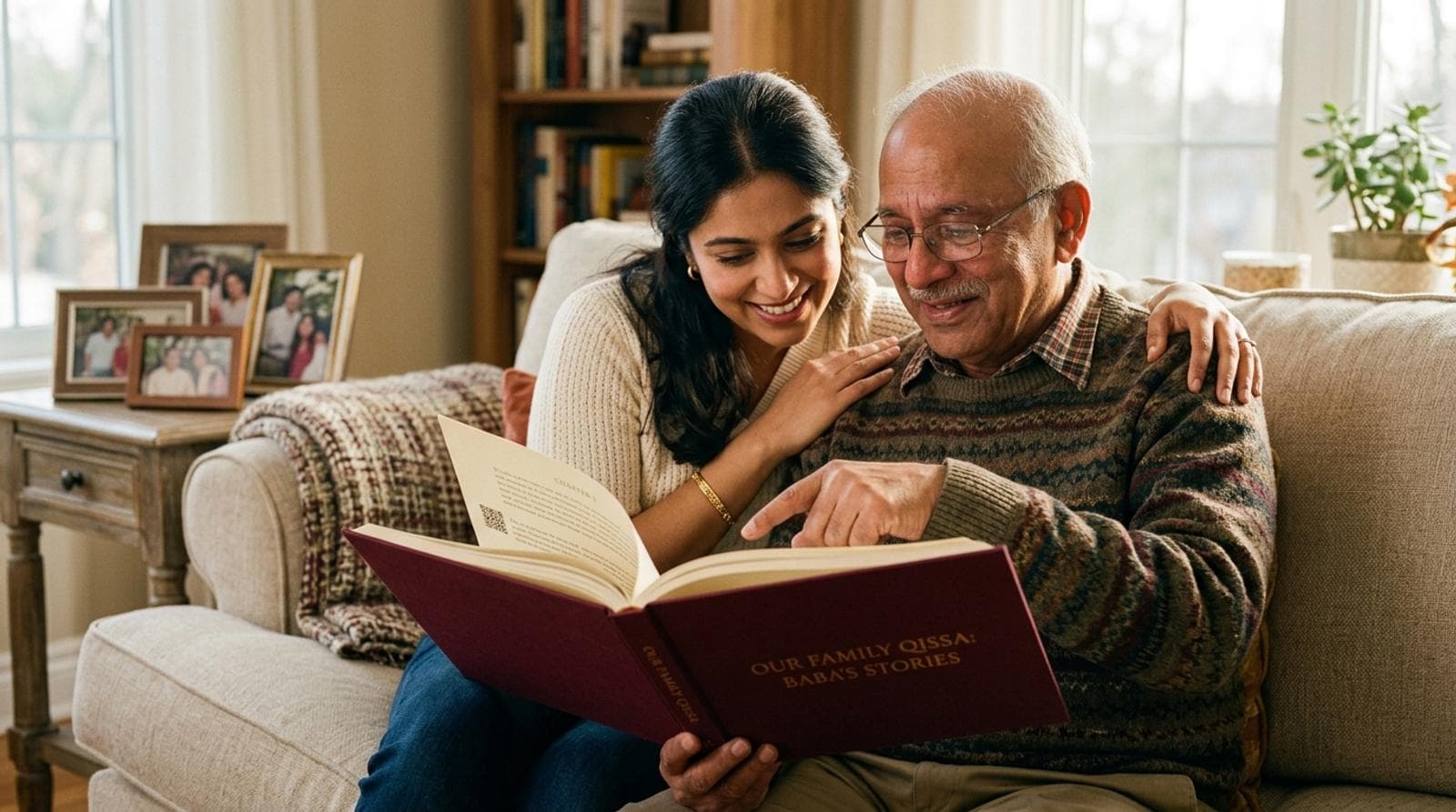 A grandfather and his daughter reading their family Qissa book together on the sofa