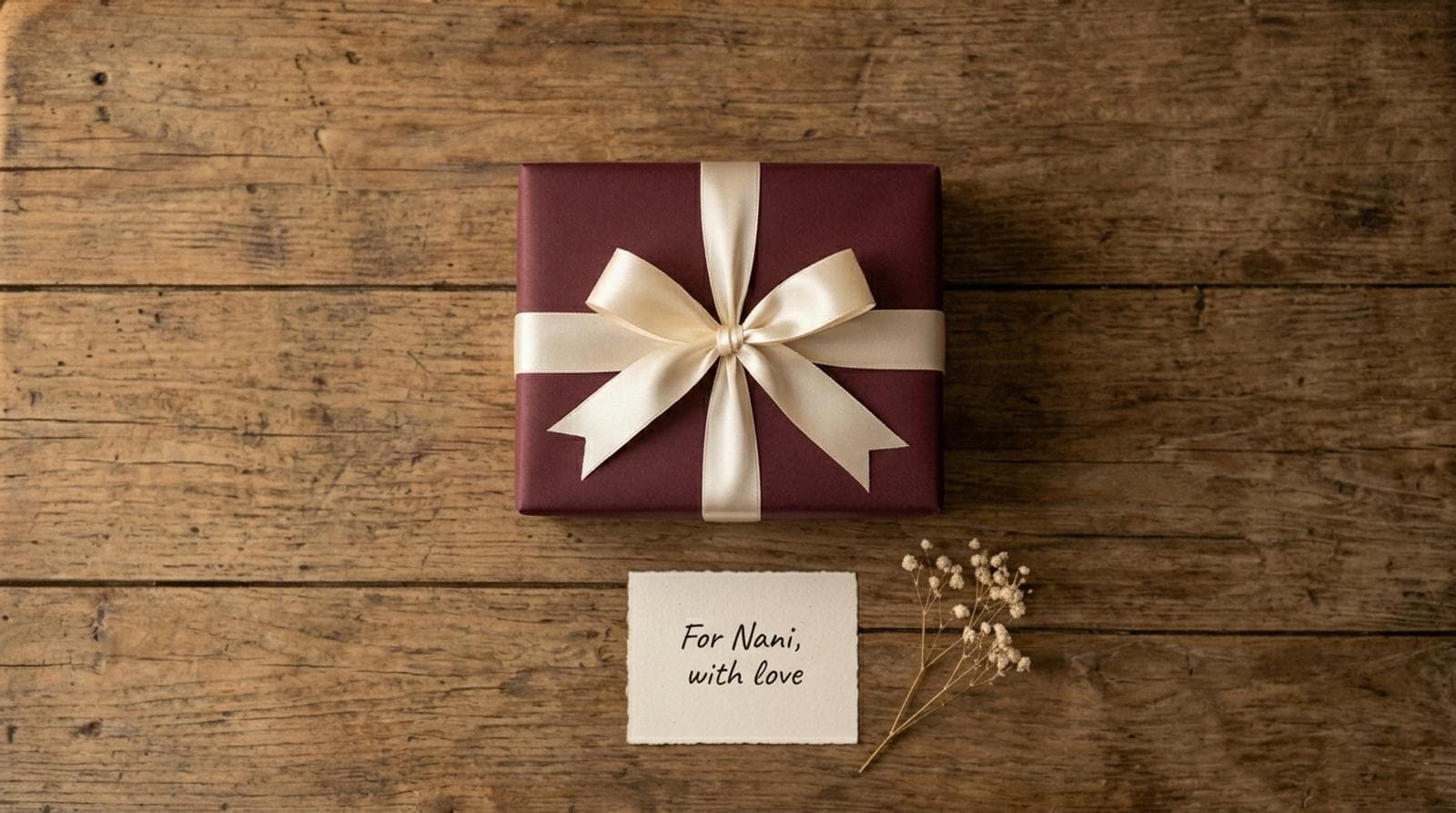 A premium burgundy Qissa gift box with a handwritten note reading For Nani, with love