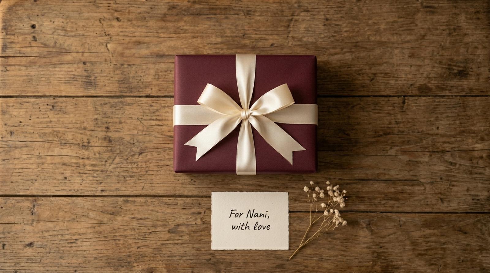 A burgundy Qissa gift box tied with ribbon and a handwritten note for Nani