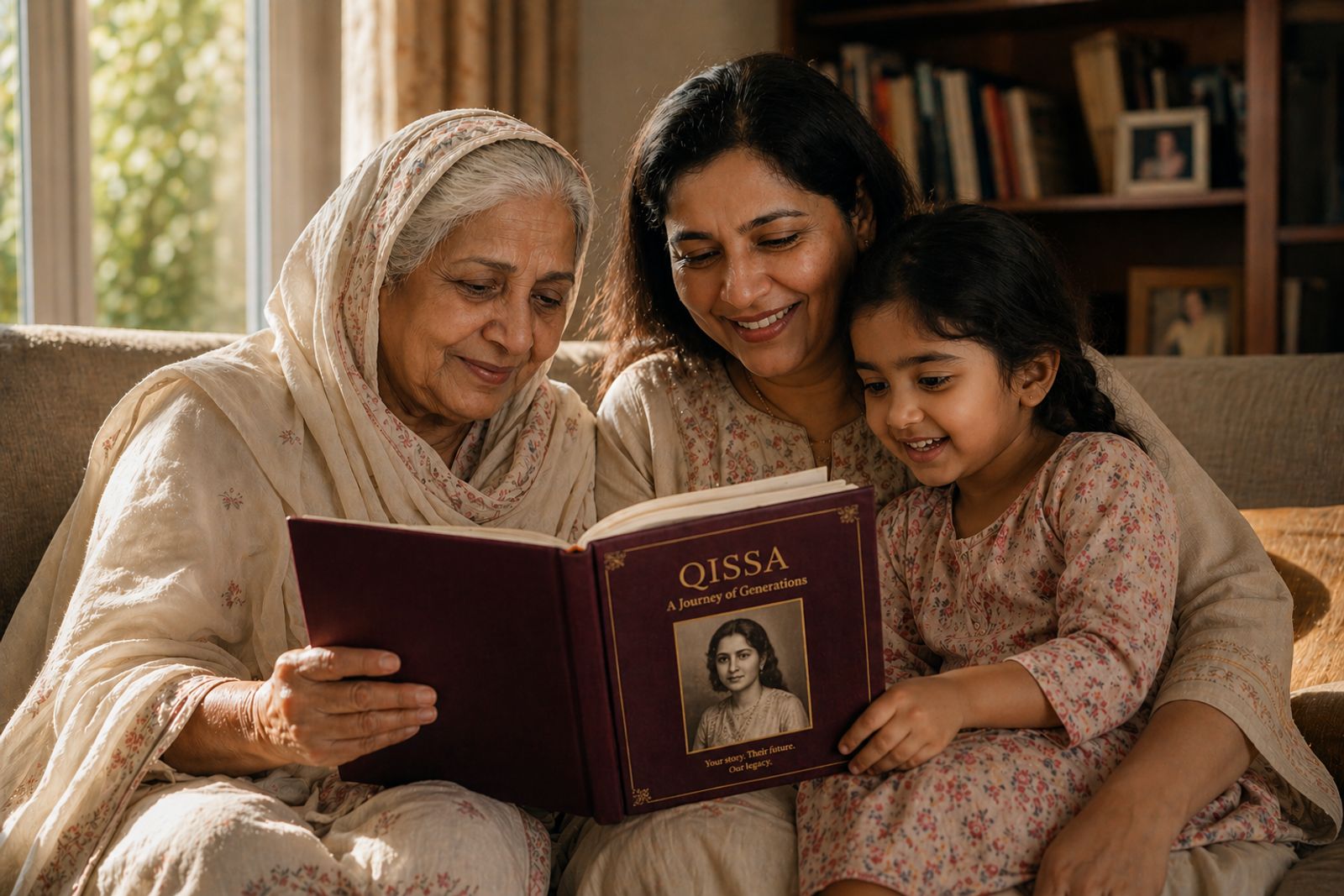 Three generations reading their finished Qissa family book together
